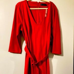 NY&C red long sleeve sheath dress with belt and side slit- NWT